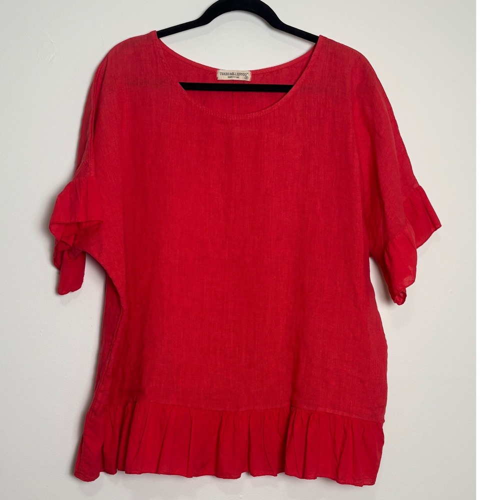 Terzo Millennio Womens Linen Ruffle Hem Tunic Top M Made in Italy Oversized Boxy